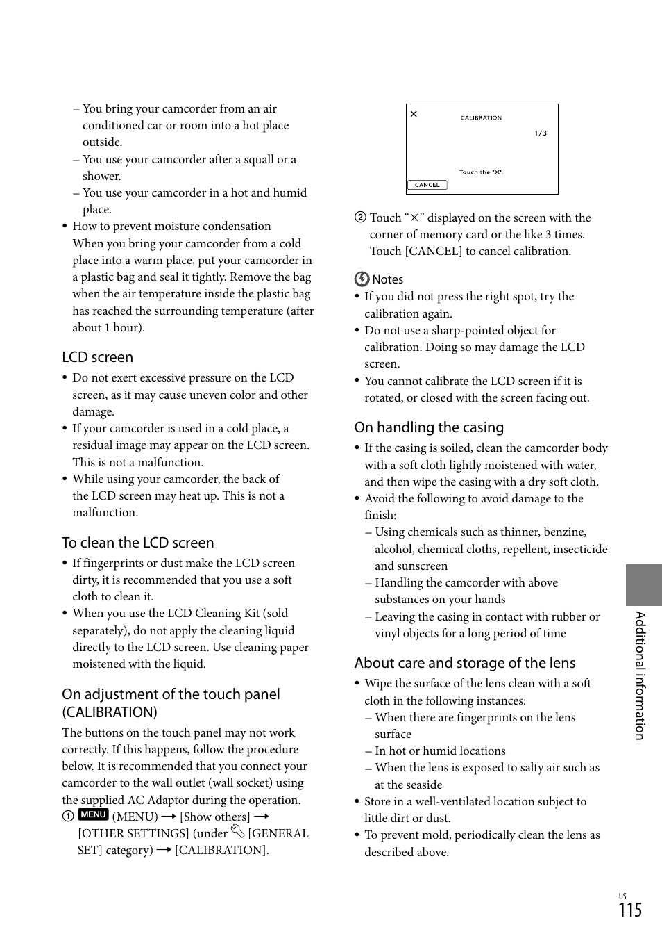 Lcd screen, On adjustment of the touch panel (calibration), On handling the casing | About care and storage of the lens | Sony HDR-XR550V User Manual | Page 115 / 127