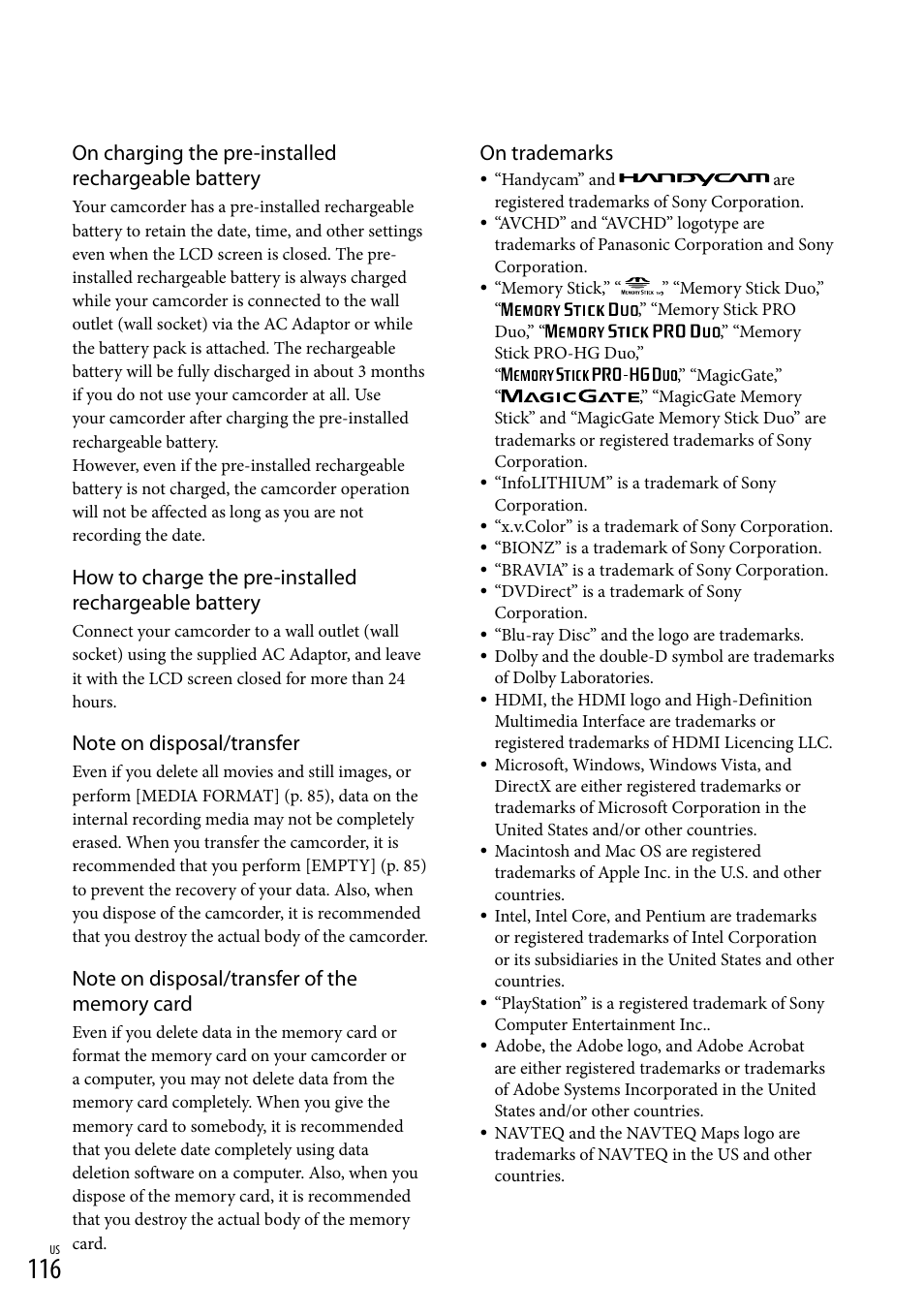 On charging the pre-installed rechargeable battery, On trademarks | Sony HDR-XR550V User Manual | Page 116 / 127