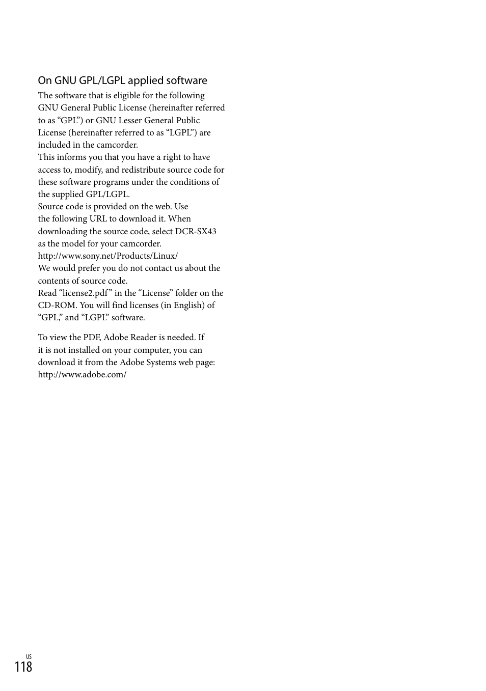 On gnu gpl/lgpl applied software | Sony HDR-XR550V User Manual | Page 118 / 127