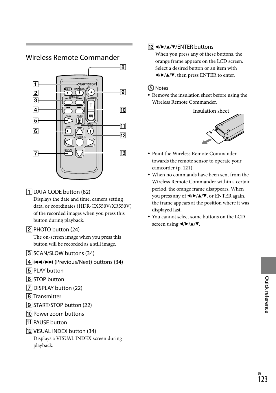 123) t, Wireless remote commander | Sony HDR-XR550V User Manual | Page 123 / 127
