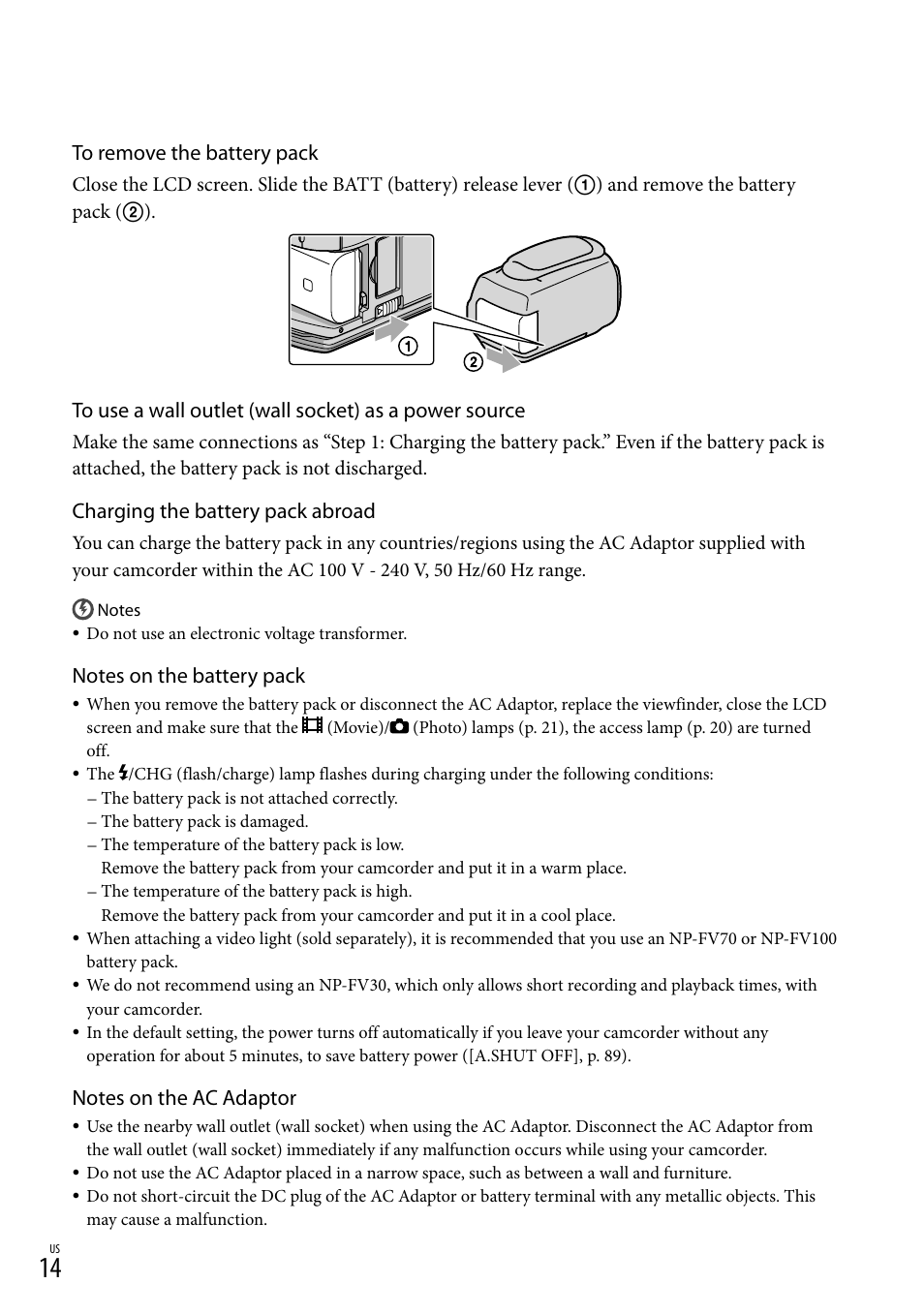 Charging the battery pack abroad | Sony HDR-XR550V User Manual | Page 14 / 127