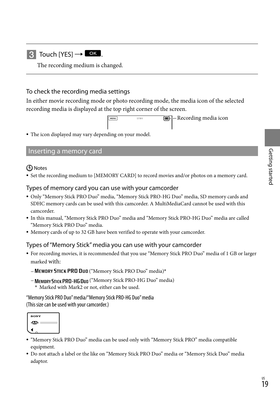 Inserting a memory card, Touch [yes | Sony HDR-XR550V User Manual | Page 19 / 127