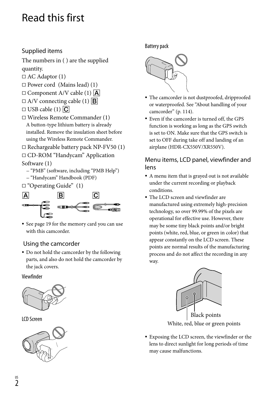 Read this first, Supplied items, Using the camcorder | Menu items, lcd panel, viewfinder and lens | Sony HDR-XR550V User Manual | Page 2 / 127