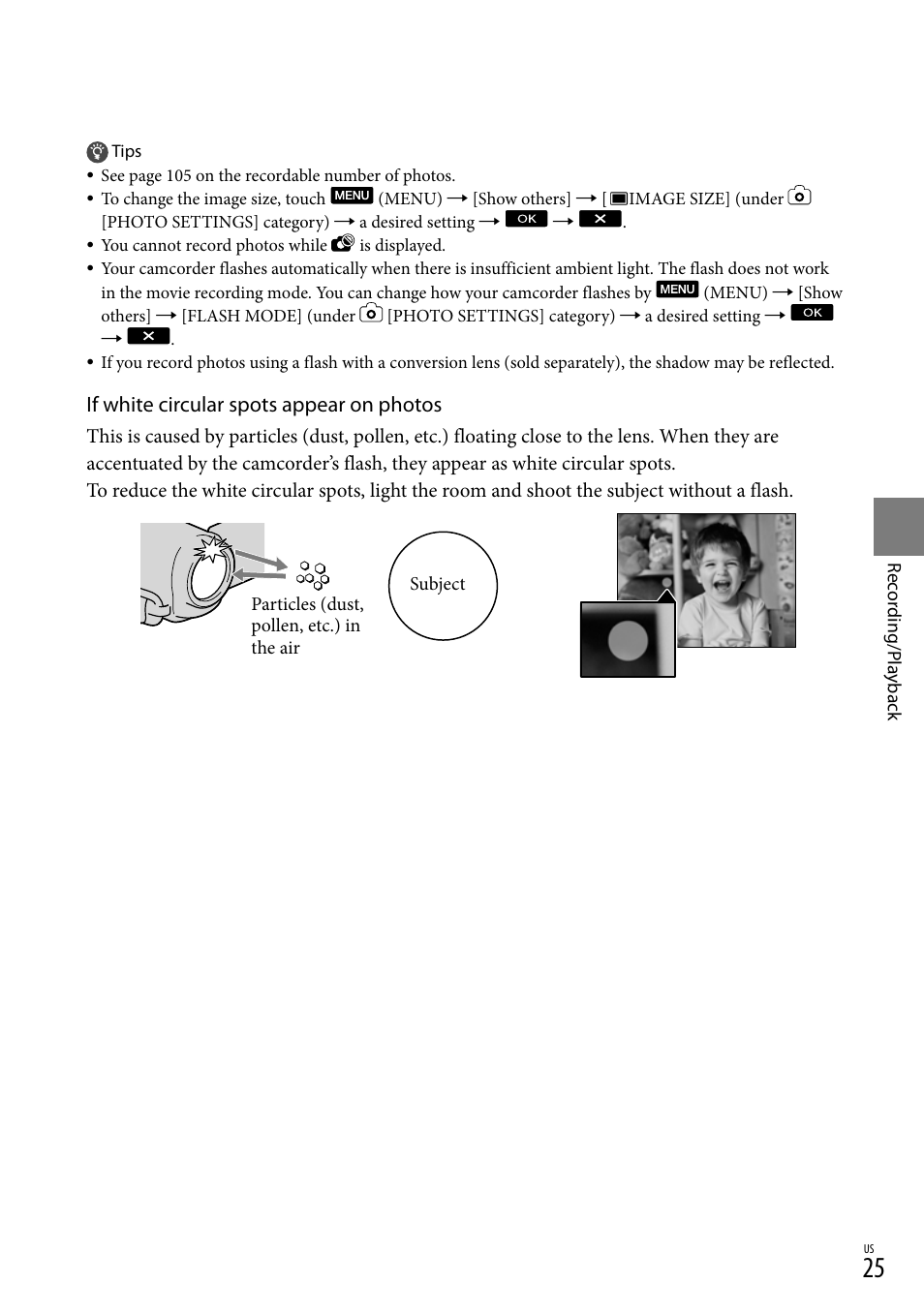 If white circular spots appear on photos | Sony HDR-XR550V User Manual | Page 25 / 127