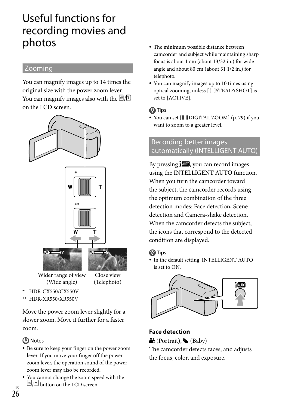 Useful functions for recording movies and photos, Zooming, O(26) | Sony HDR-XR550V User Manual | Page 26 / 127