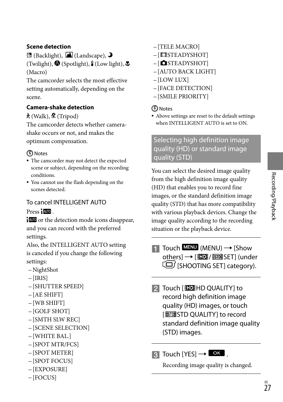 Selecting high definition image quality (hd), Or standard image quality (std) | Sony HDR-XR550V User Manual | Page 27 / 127
