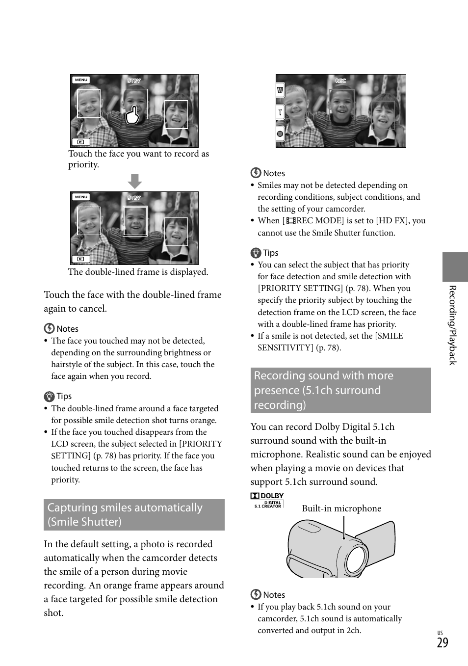 Capturing smiles automatically (smile shutter), Er (29) | Sony HDR-XR550V User Manual | Page 29 / 127
