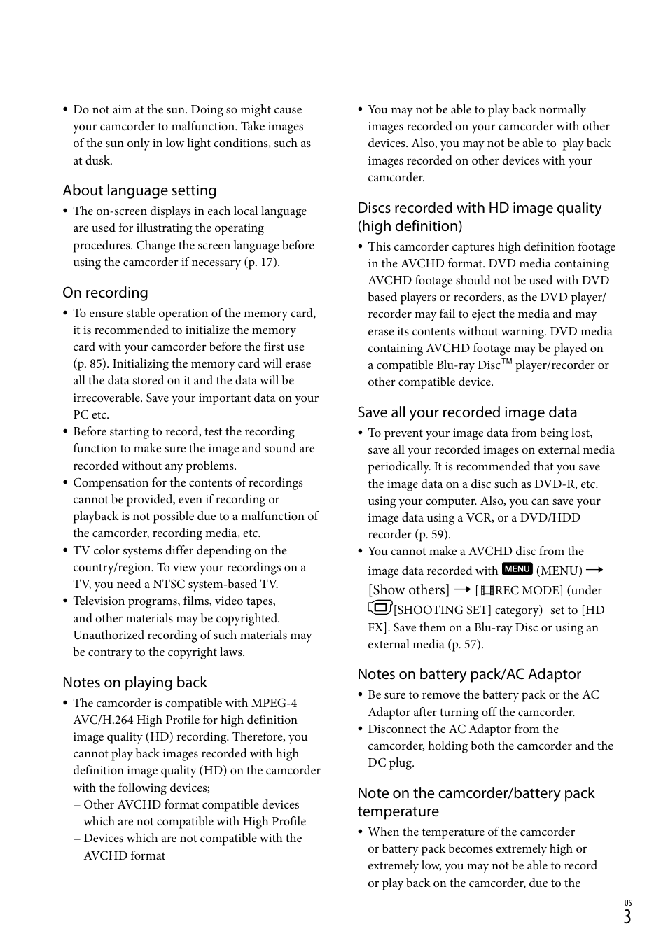 About language setting, On recording, Save all your recorded image data | Sony HDR-XR550V User Manual | Page 3 / 127