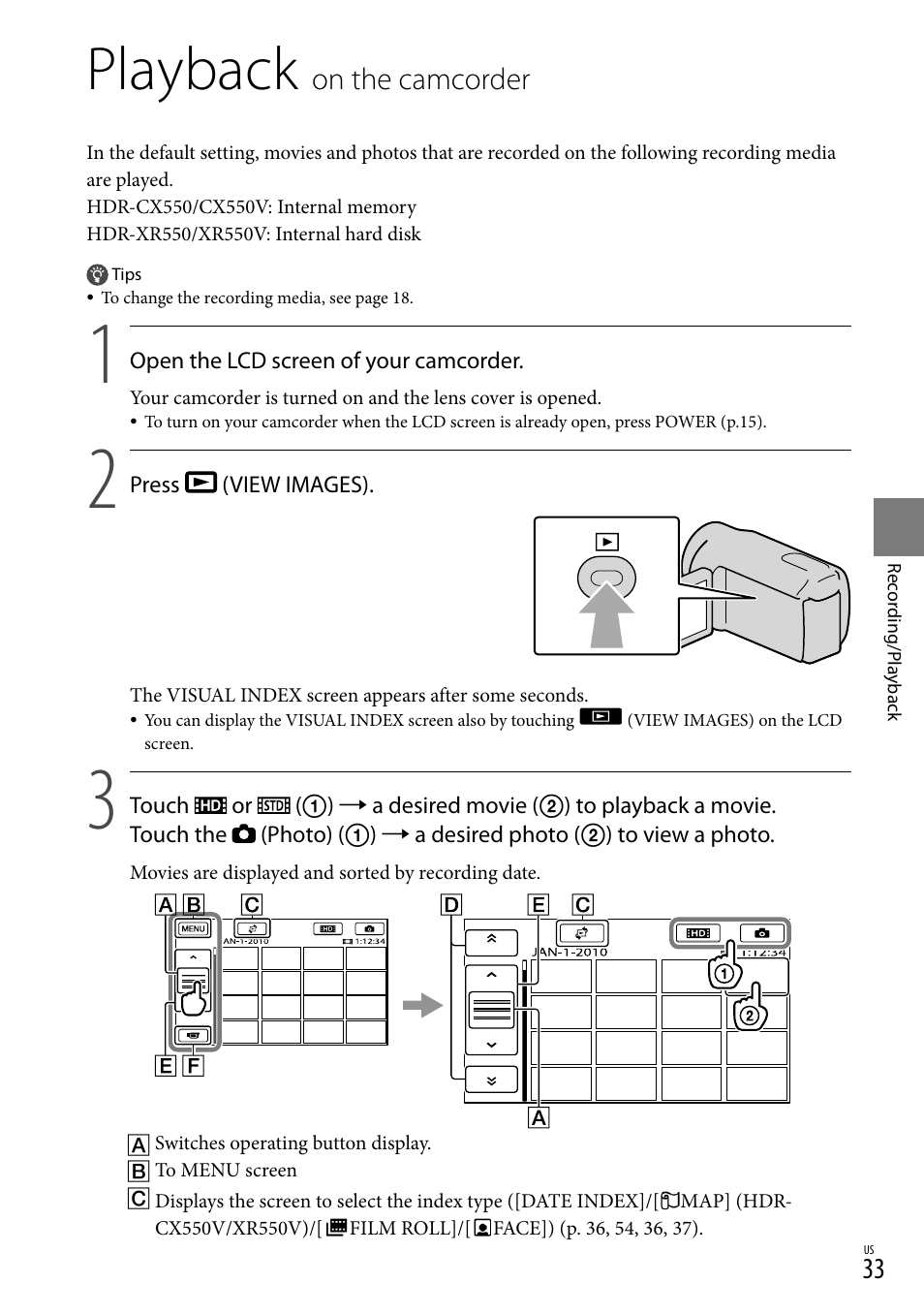 Playback on the camcorder, Playback, On the camcorder | Sony HDR-XR550V User Manual | Page 33 / 127