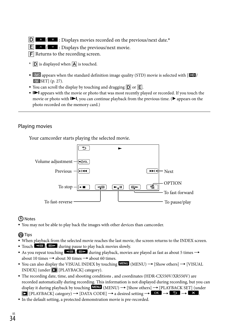 Playing movies | Sony HDR-XR550V User Manual | Page 34 / 127