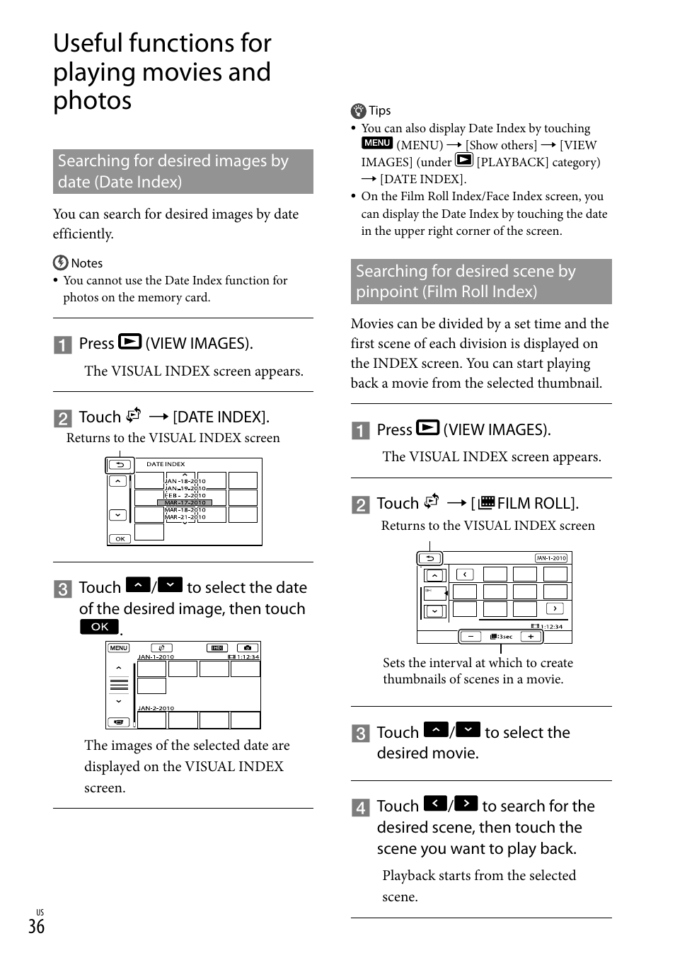 Useful functions for playing movies and photos, Searching for desired images by date (date index) | Sony HDR-XR550V User Manual | Page 36 / 127