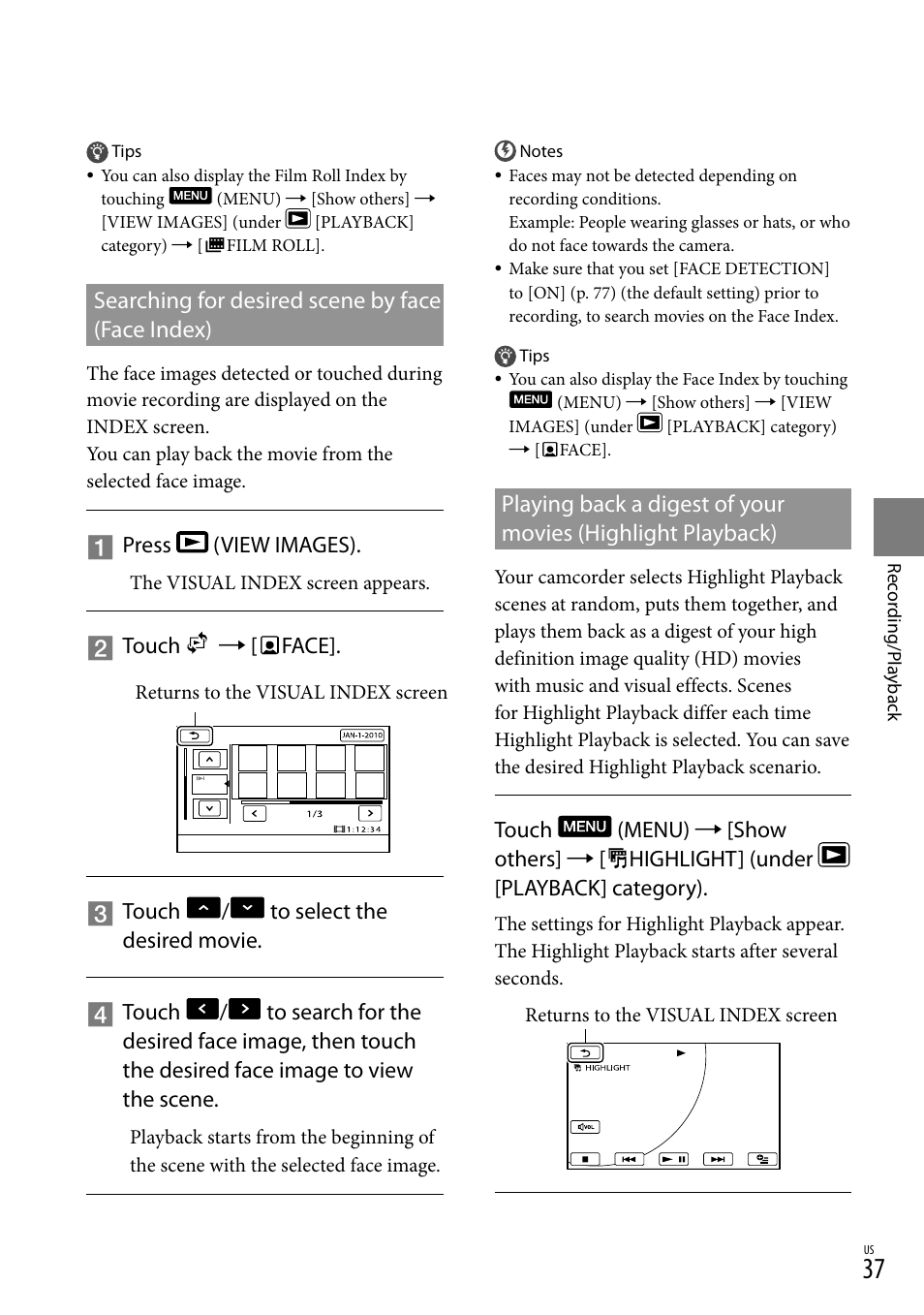 Searching for desired scene by face (face index) | Sony HDR-XR550V User Manual | Page 37 / 127