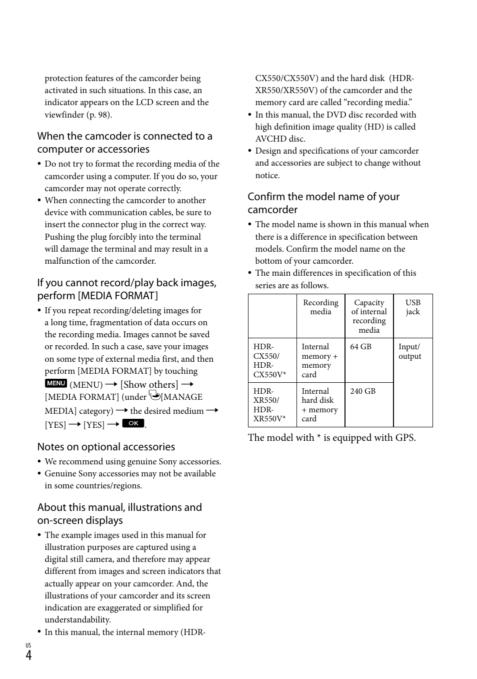 Confirm the model name of your camcorder | Sony HDR-XR550V User Manual | Page 4 / 127