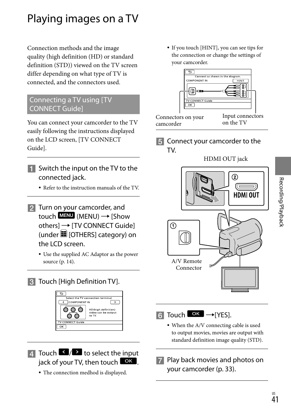 Playing images on a tv, Connecting a tv using [tv connect guide | Sony HDR-XR550V User Manual | Page 41 / 127