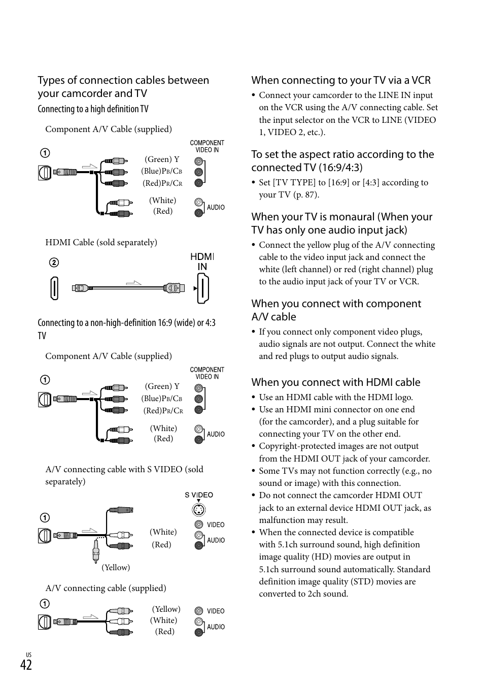 When connecting to your tv via a vcr, When you connect with component a/v cable, When you connect with hdmi cable | Connecting to a high definition tv | Sony HDR-XR550V User Manual | Page 42 / 127