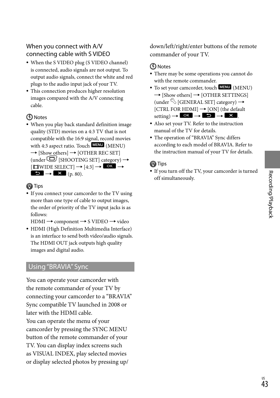 Using “bravia” sync | Sony HDR-XR550V User Manual | Page 43 / 127