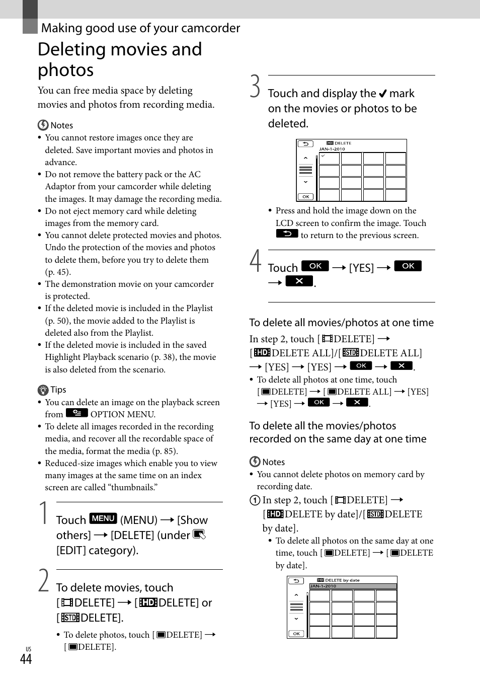 Making good use of your camcorder, Deleting movies and photos | Sony HDR-XR550V User Manual | Page 44 / 127