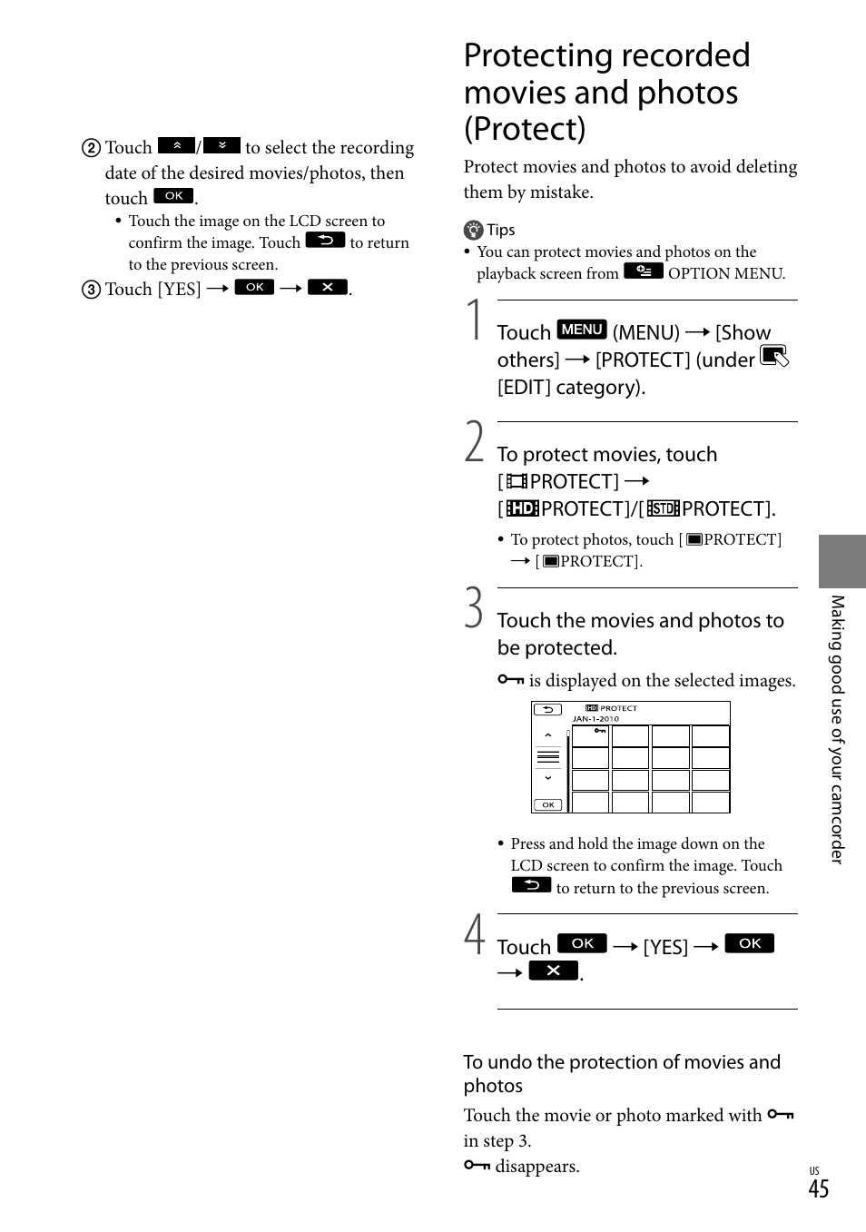 Protecting recorded movies and photos (protect) | Sony HDR-XR550V User Manual | Page 45 / 127
