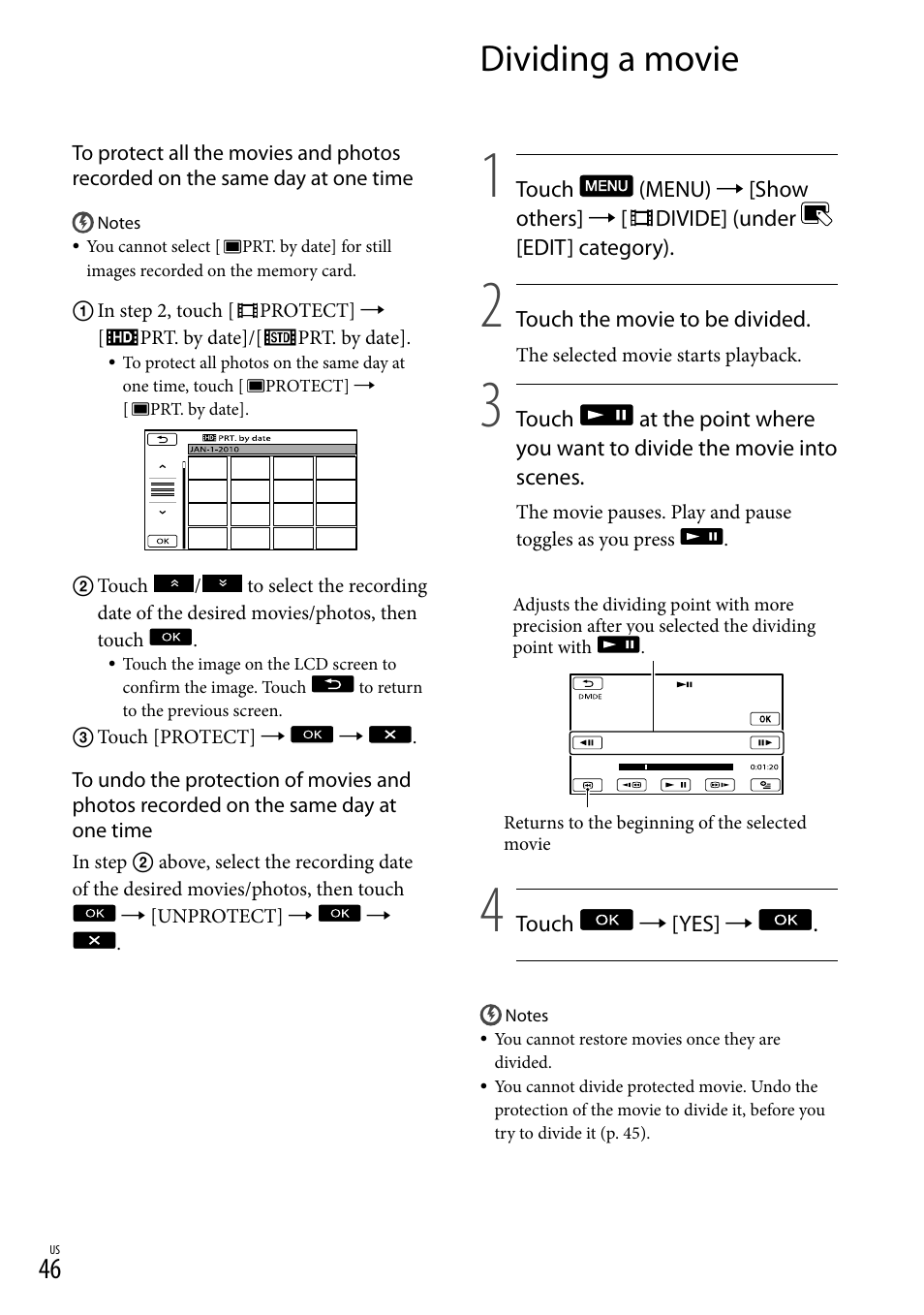 Dividing a movie | Sony HDR-XR550V User Manual | Page 46 / 127