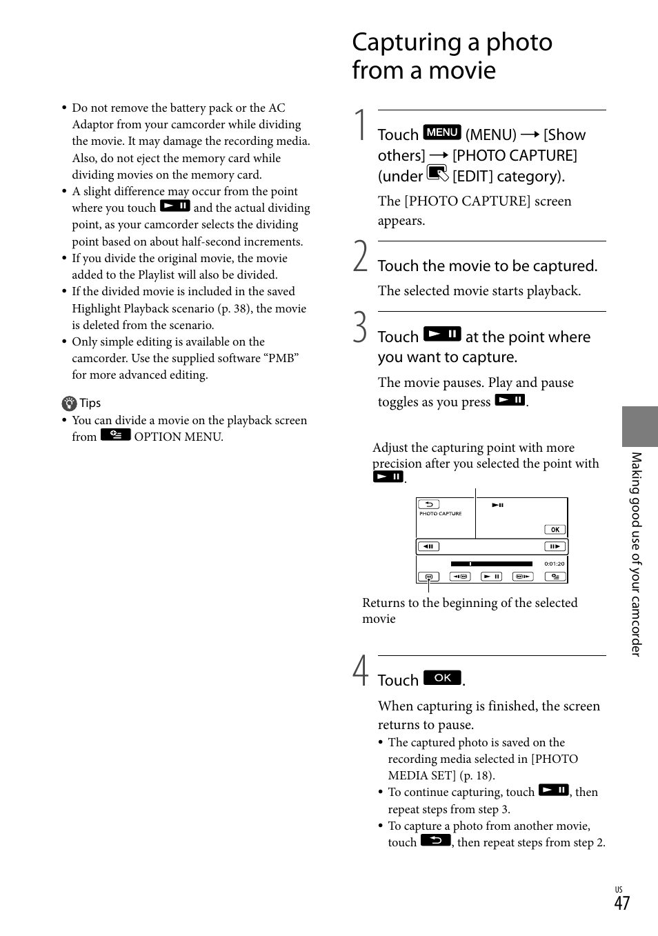 Capturing a photo from a movie | Sony HDR-XR550V User Manual | Page 47 / 127