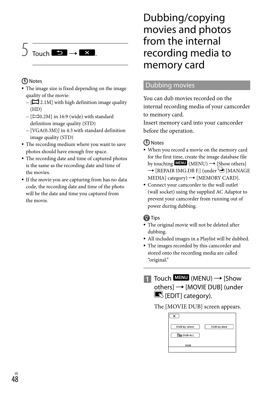 Dubbing movies, To memory card | Sony HDR-XR550V User Manual | Page 48 / 127