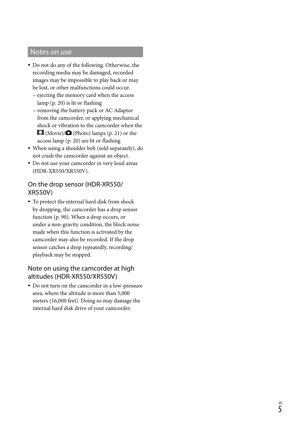 Notes on use | Sony HDR-XR550V User Manual | Page 5 / 127