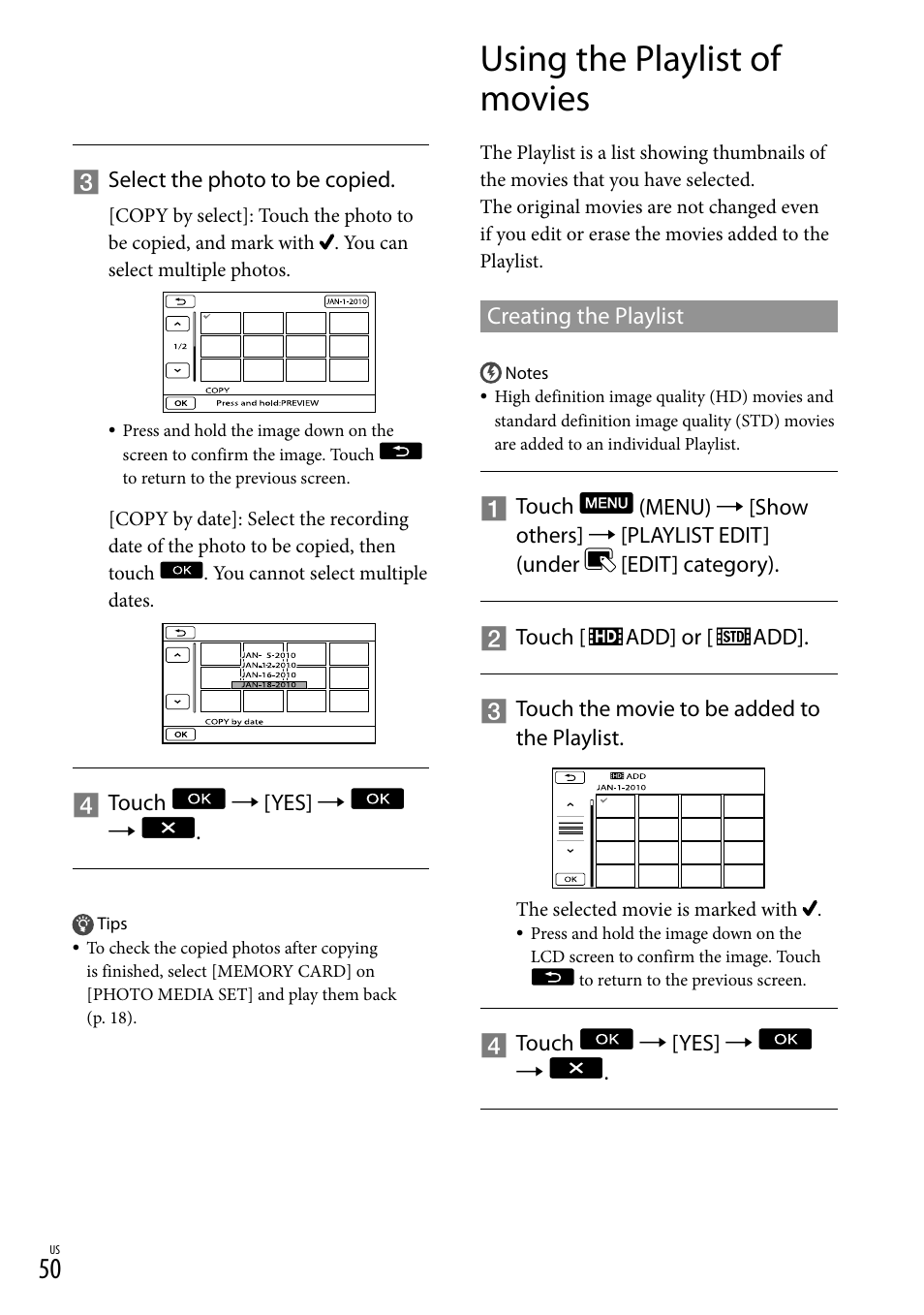 Using the playlist of movies, Creating the playlist, 50), t | Sony HDR-XR550V User Manual | Page 50 / 127