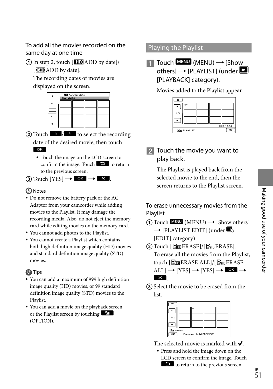 Playing the playlist | Sony HDR-XR550V User Manual | Page 51 / 127