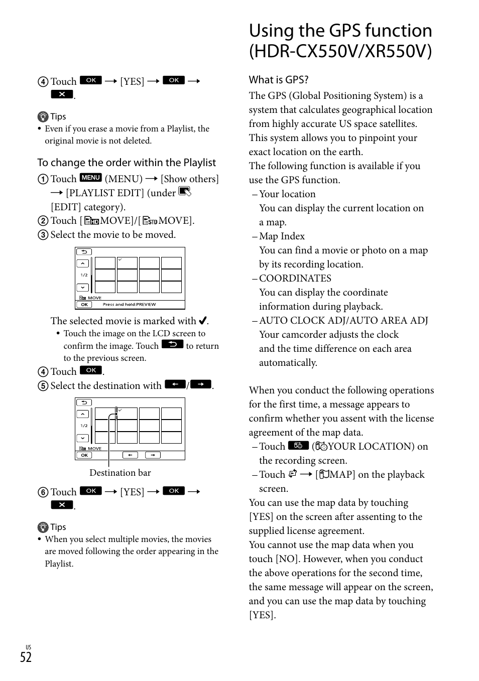 Using the gps function (hdr-cx550v/xr550v) | Sony HDR-XR550V User Manual | Page 52 / 127
