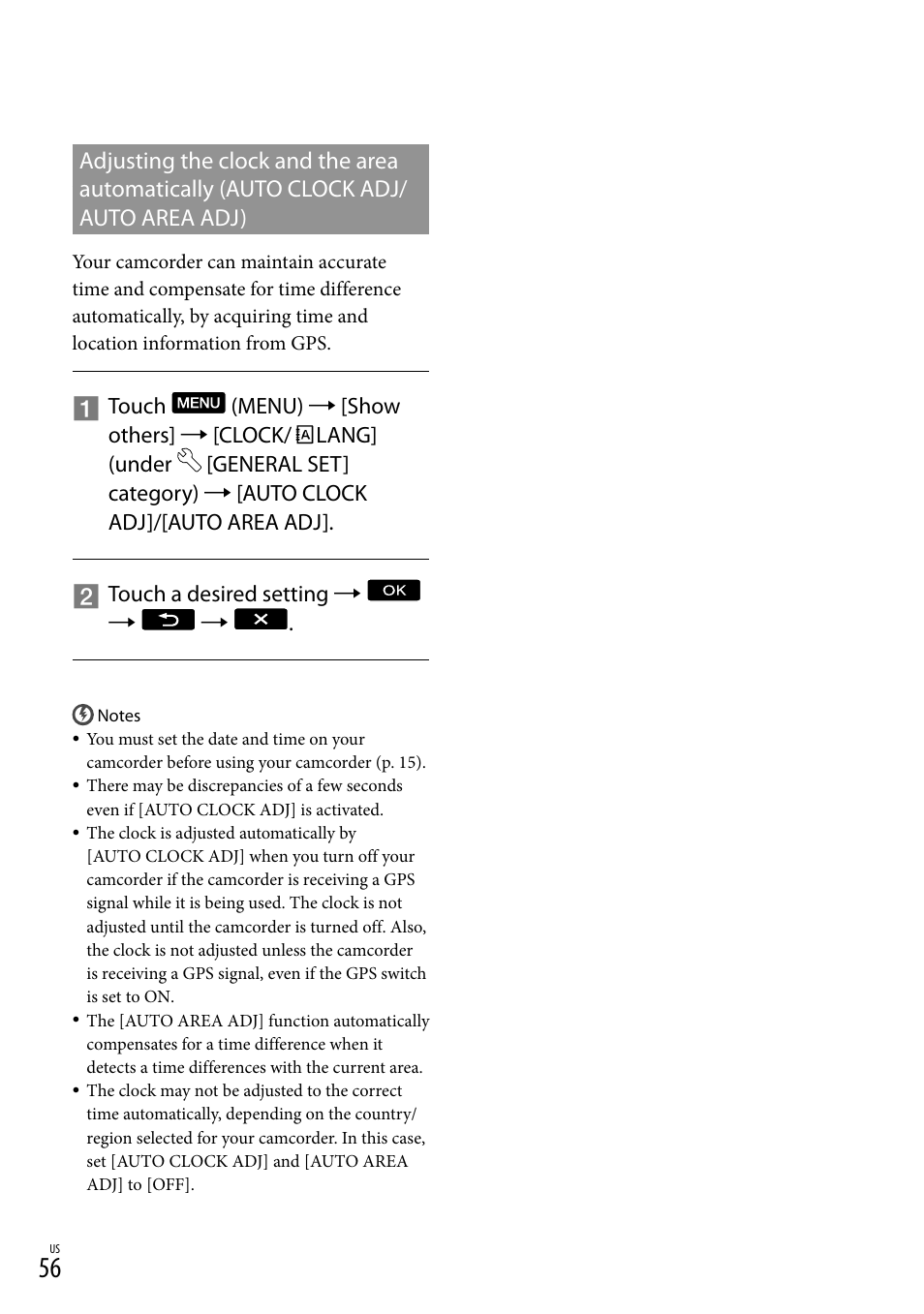 Adjusting the clock and the area automatically, Auto clock adj/auto area adj) | Sony HDR-XR550V User Manual | Page 56 / 127