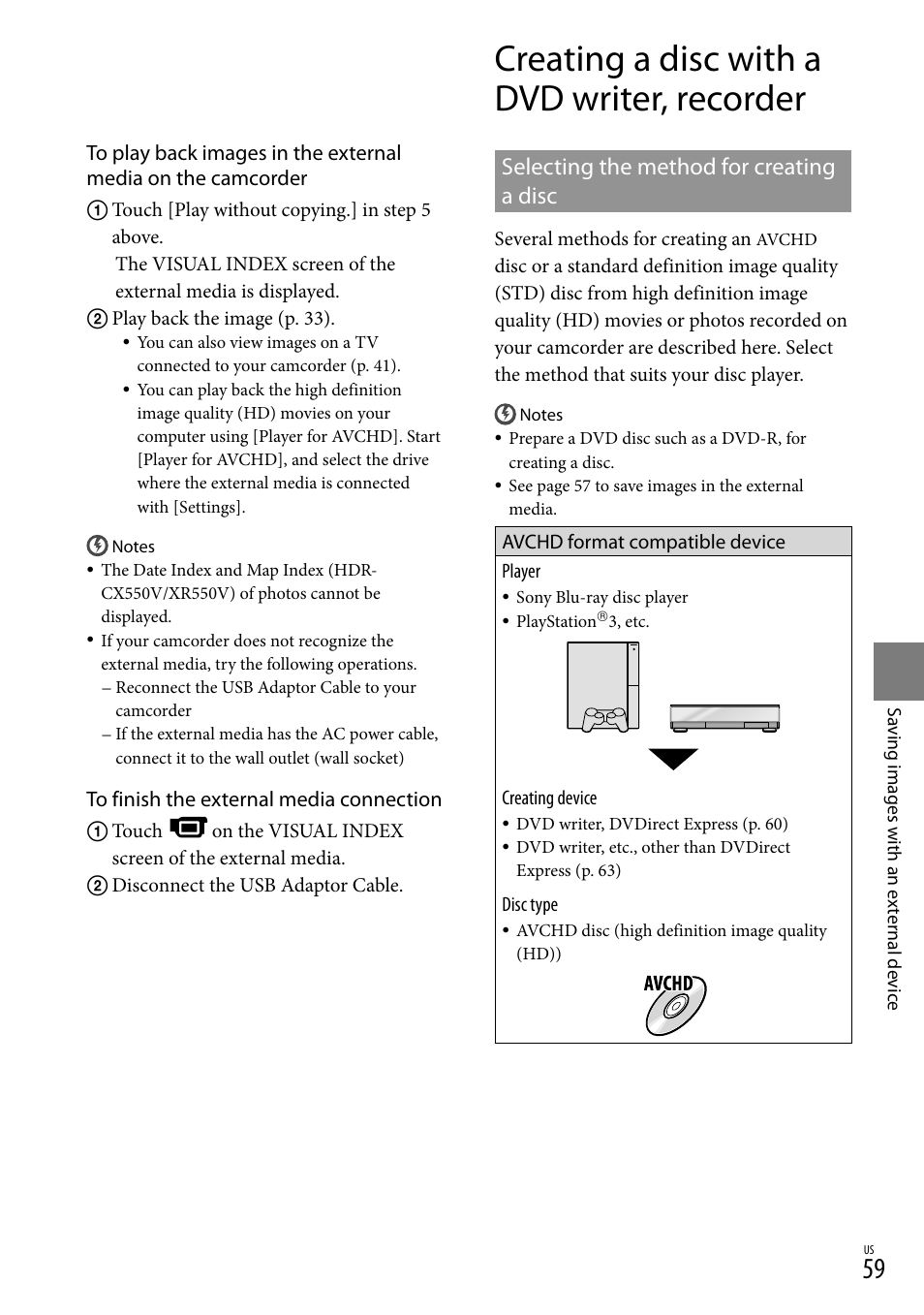 Creating a disc with a dvd writer, recorder, Selecting the method for creating a disc | Sony HDR-XR550V User Manual | Page 59 / 127