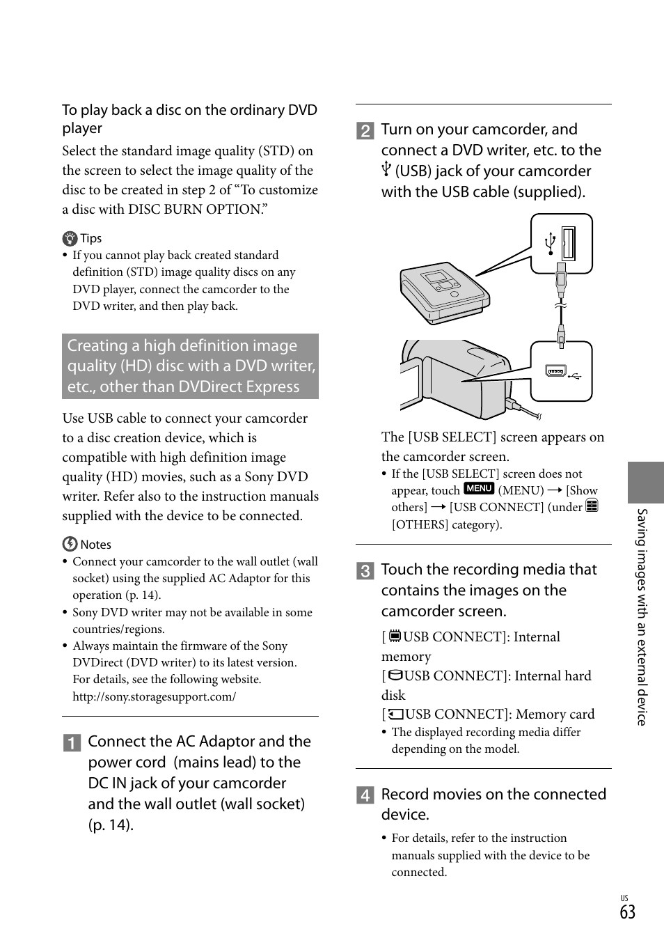 Other than dvdirect express, Record movies on the connected device | Sony HDR-XR550V User Manual | Page 63 / 127