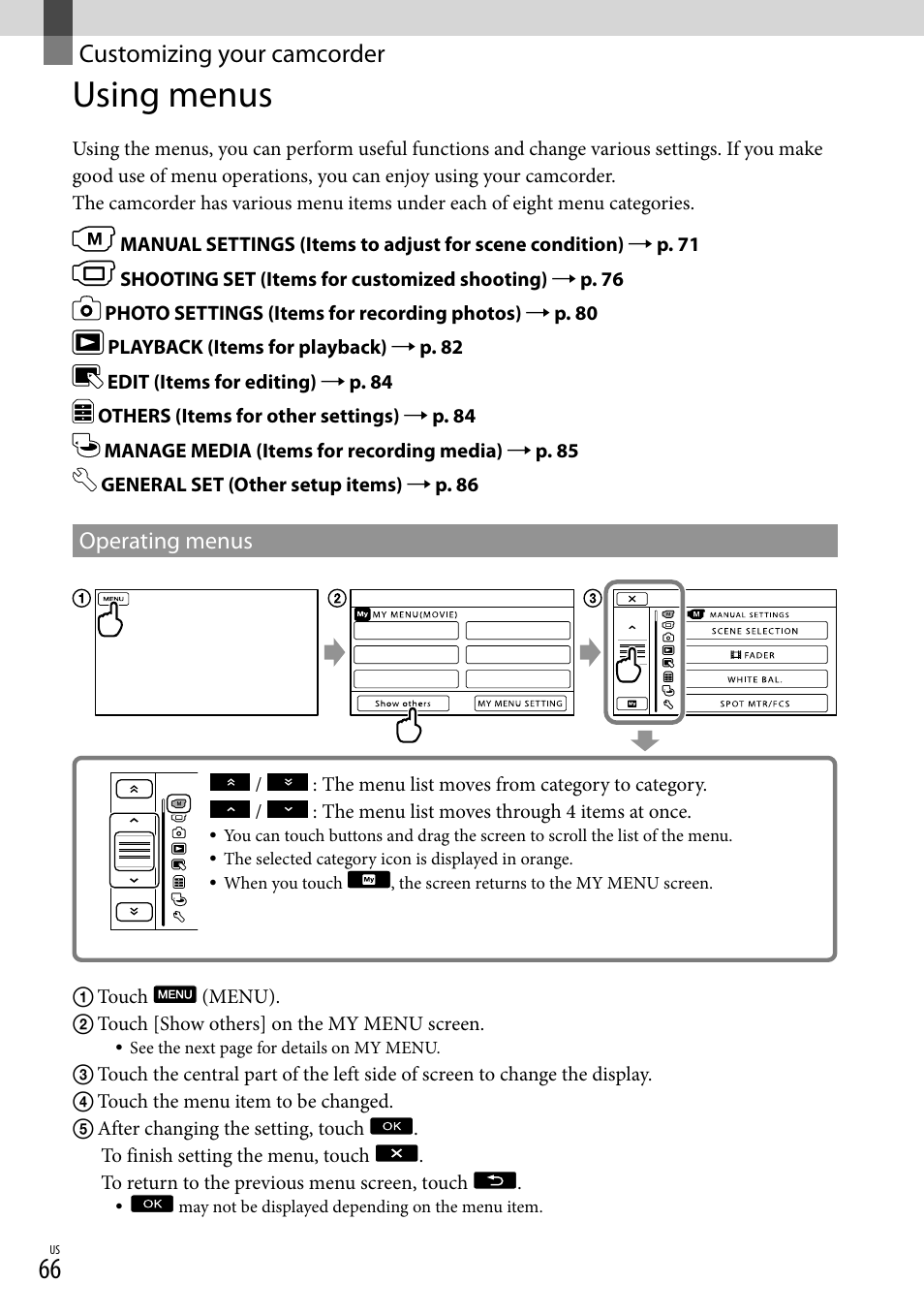 Customizing your camcorder, Using menus, Operating menus | Sony HDR-XR550V User Manual | Page 66 / 127