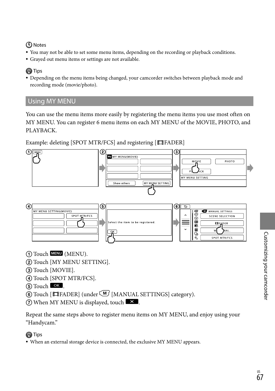 Using my menu | Sony HDR-XR550V User Manual | Page 67 / 127