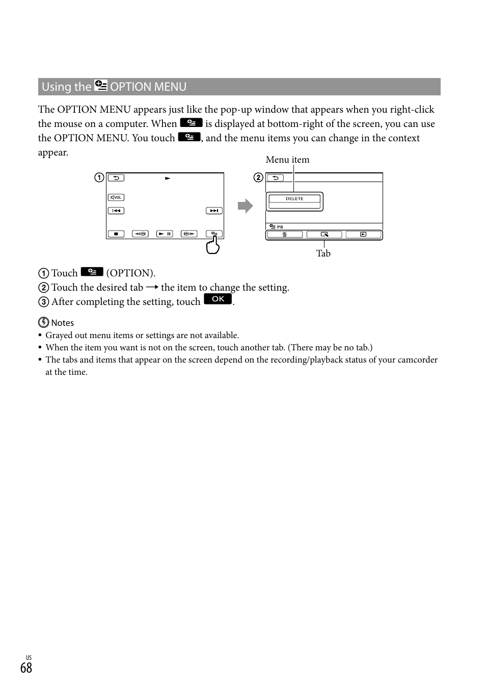 Using the option menu, Using the, Option menu | Sony HDR-XR550V User Manual | Page 68 / 127