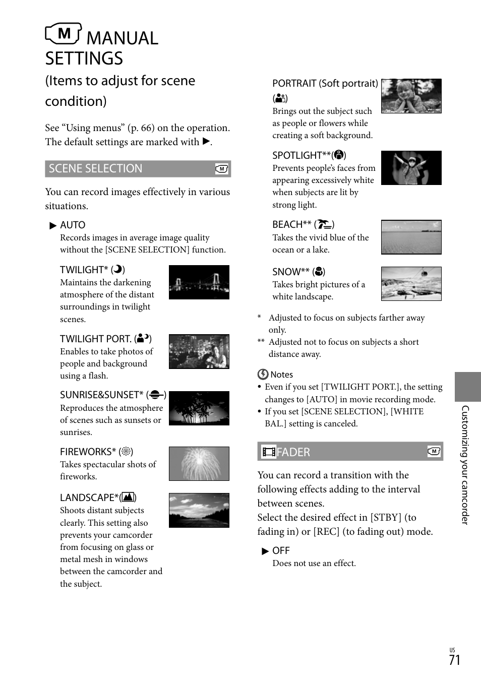Rks(71), T(71), Manual settings | Items to adjust for scene condition), Scene selection, Fader | Sony HDR-XR550V User Manual | Page 71 / 127