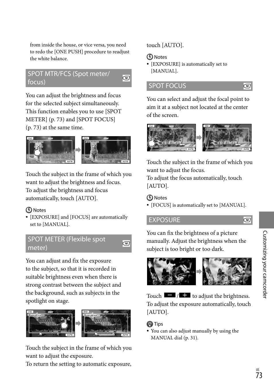 Cus(73), Spot mtr/fcs (spot meter/ focus), Spot meter (flexible spot meter) | Spot focus, Exposure | Sony HDR-XR550V User Manual | Page 73 / 127