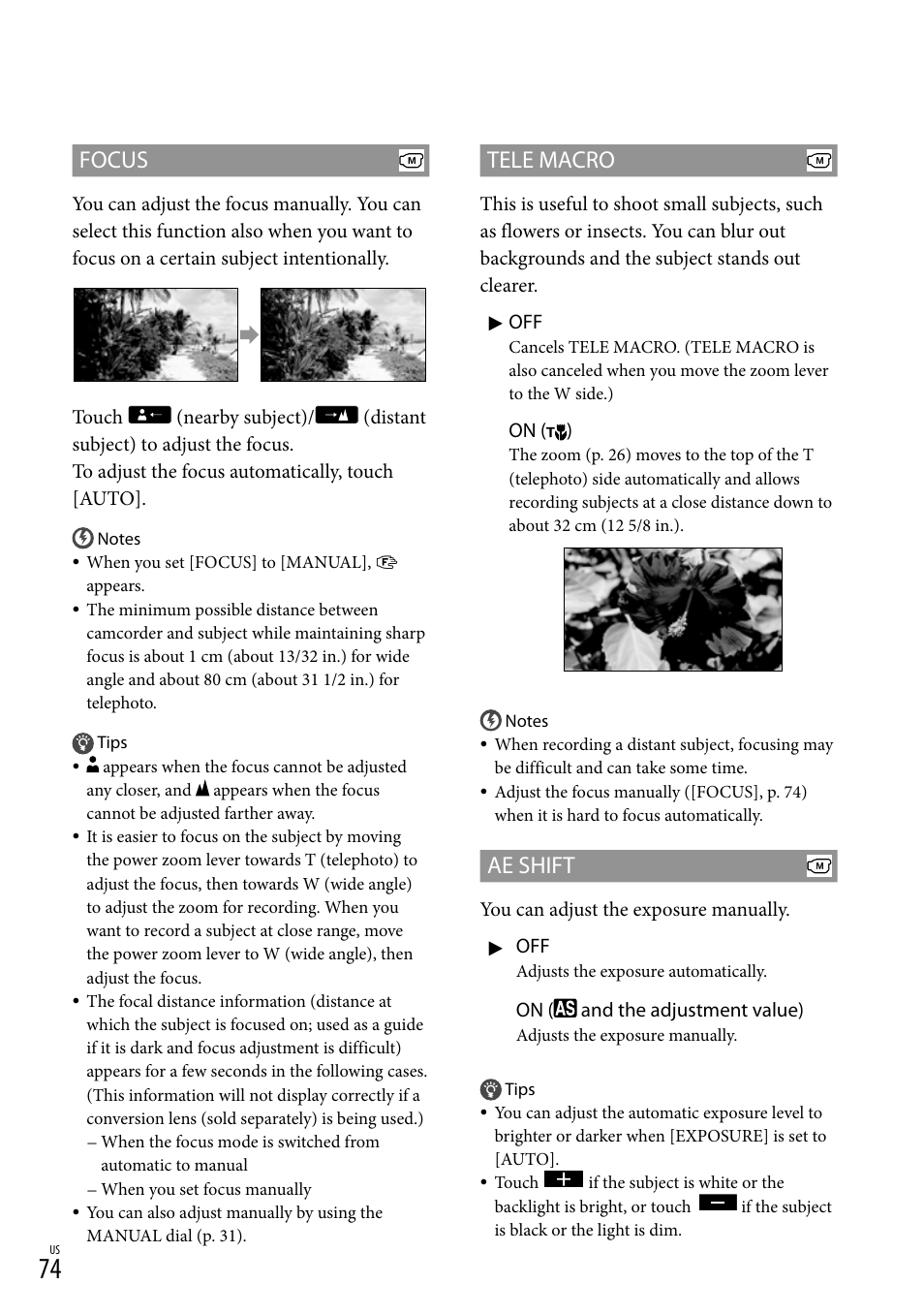 Focus, Tele macro, Ae shift | Sony HDR-XR550V User Manual | Page 74 / 127