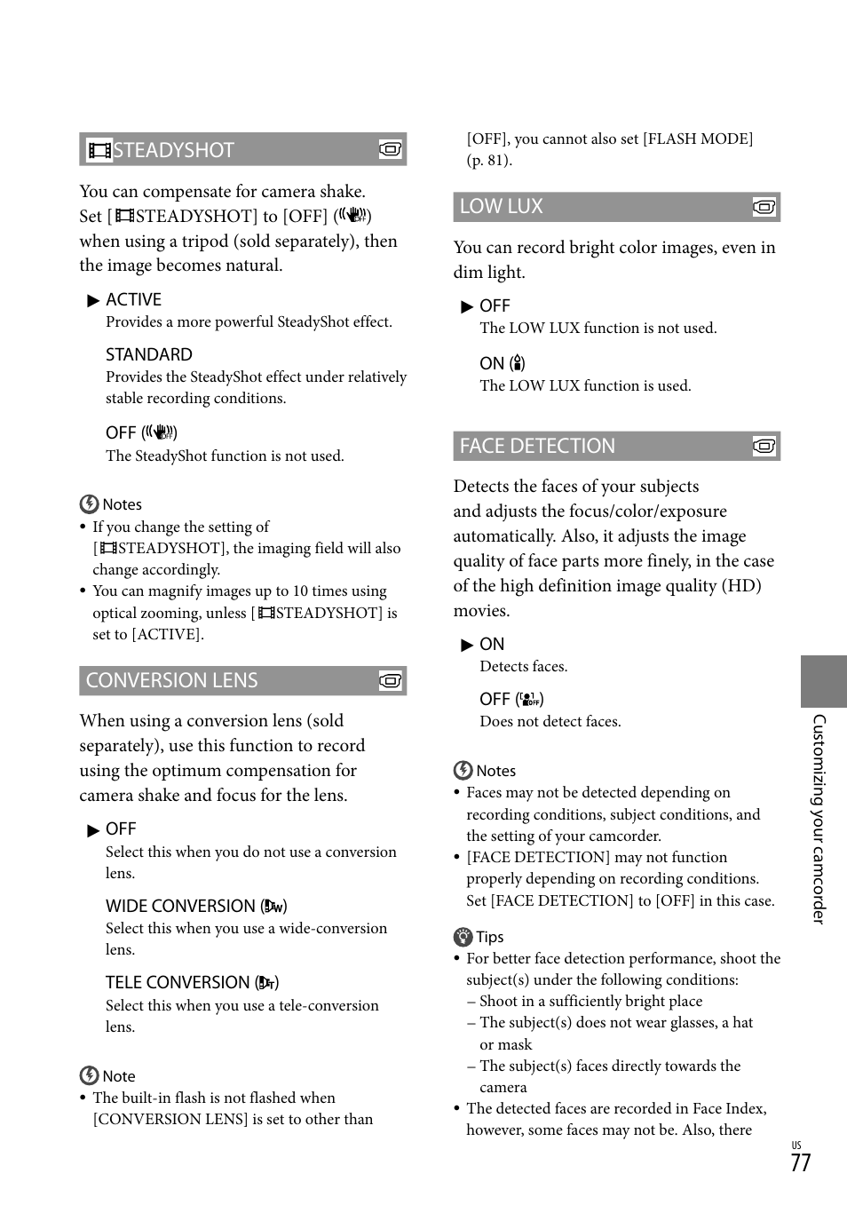 Ux(77), Steadyshot, Conversion lens | Low lux, Face detection | Sony HDR-XR550V User Manual | Page 77 / 127