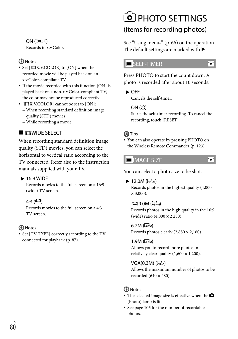 Photo settings (items for recording photos), Photo settings, Items for recording photos) | Self-timer, Image size | Sony HDR-XR550V User Manual | Page 80 / 127
