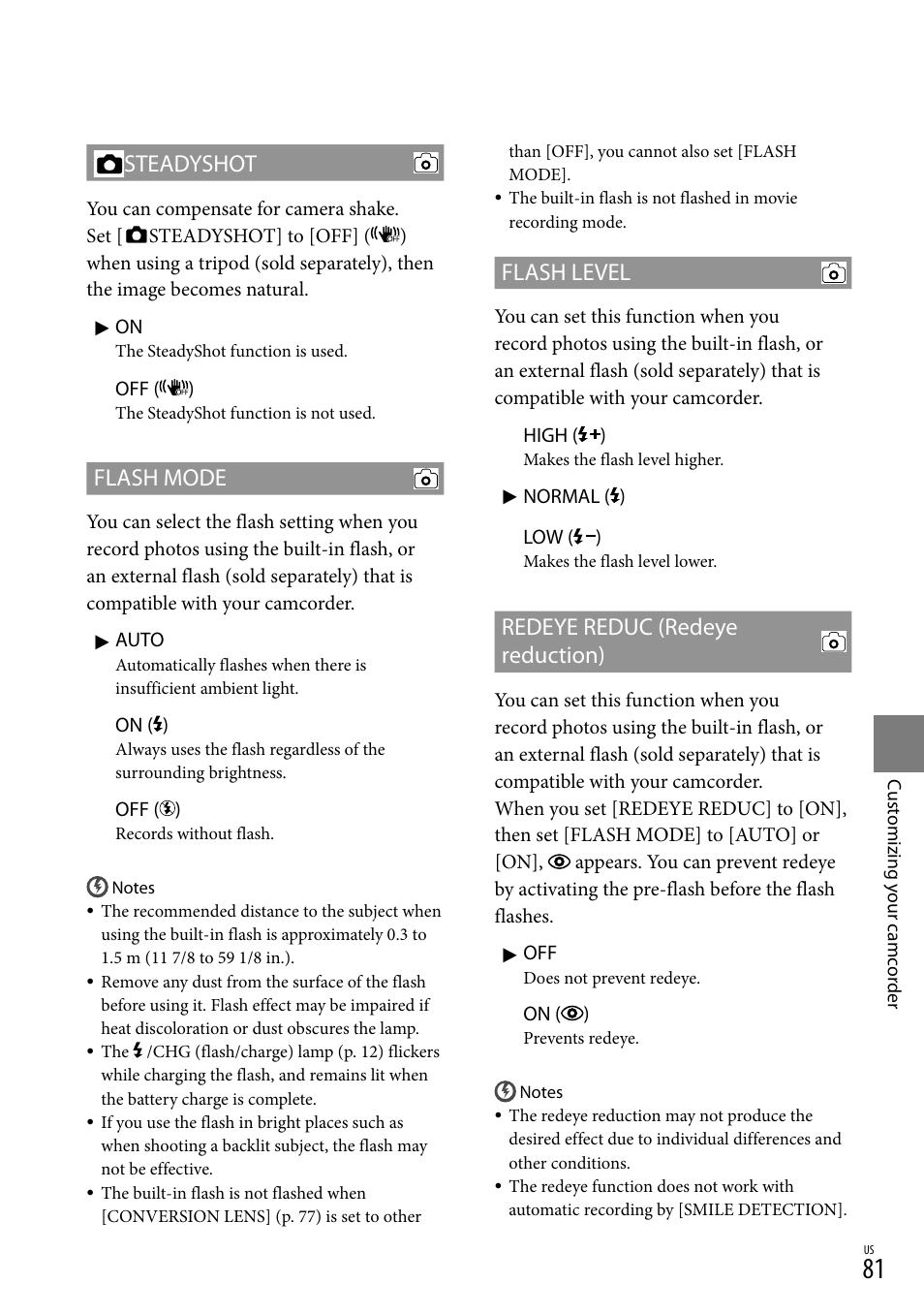 Steadyshot, Flash mode, Flash level | Redeye reduc (redeye reduction) | Sony HDR-XR550V User Manual | Page 81 / 127