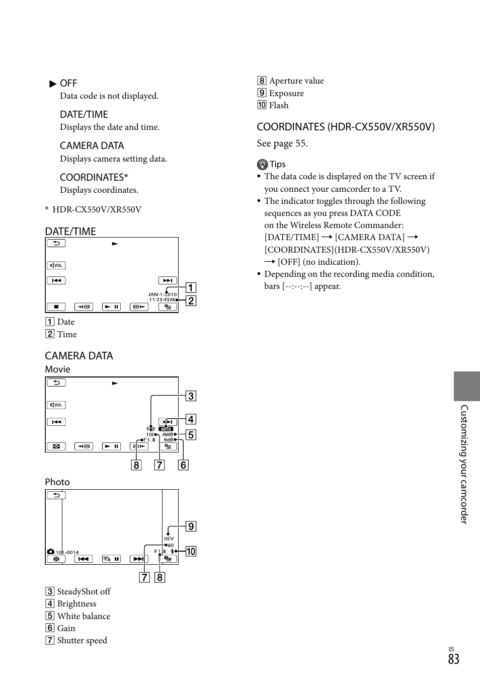 Date/time, Camera data | Sony HDR-XR550V User Manual | Page 83 / 127