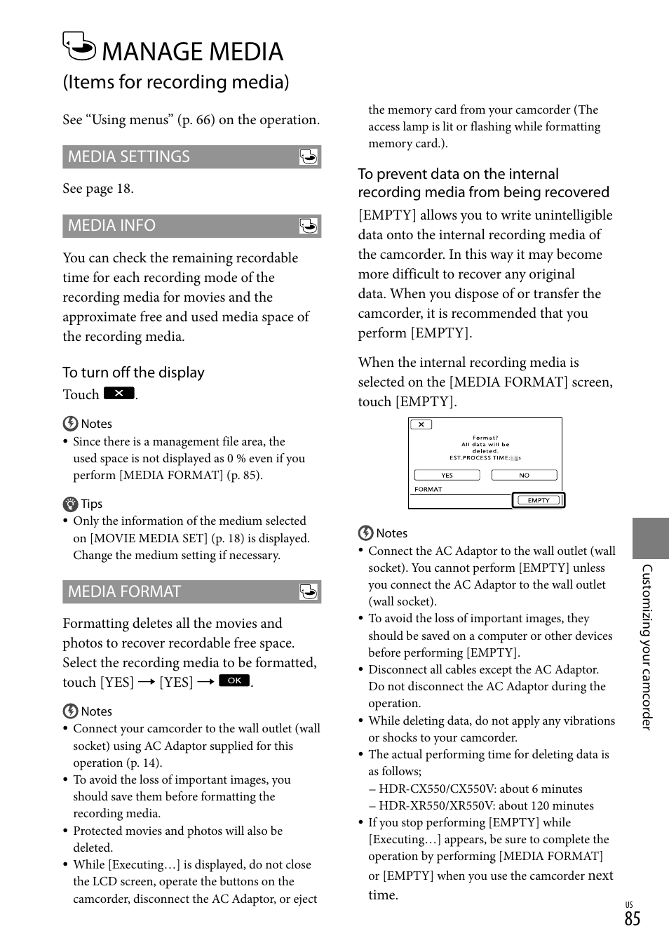 Manage media (items for recording media), 85). i, Manage media | Items for recording media), Media settings, Media info, Media format | Sony HDR-XR550V User Manual | Page 85 / 127