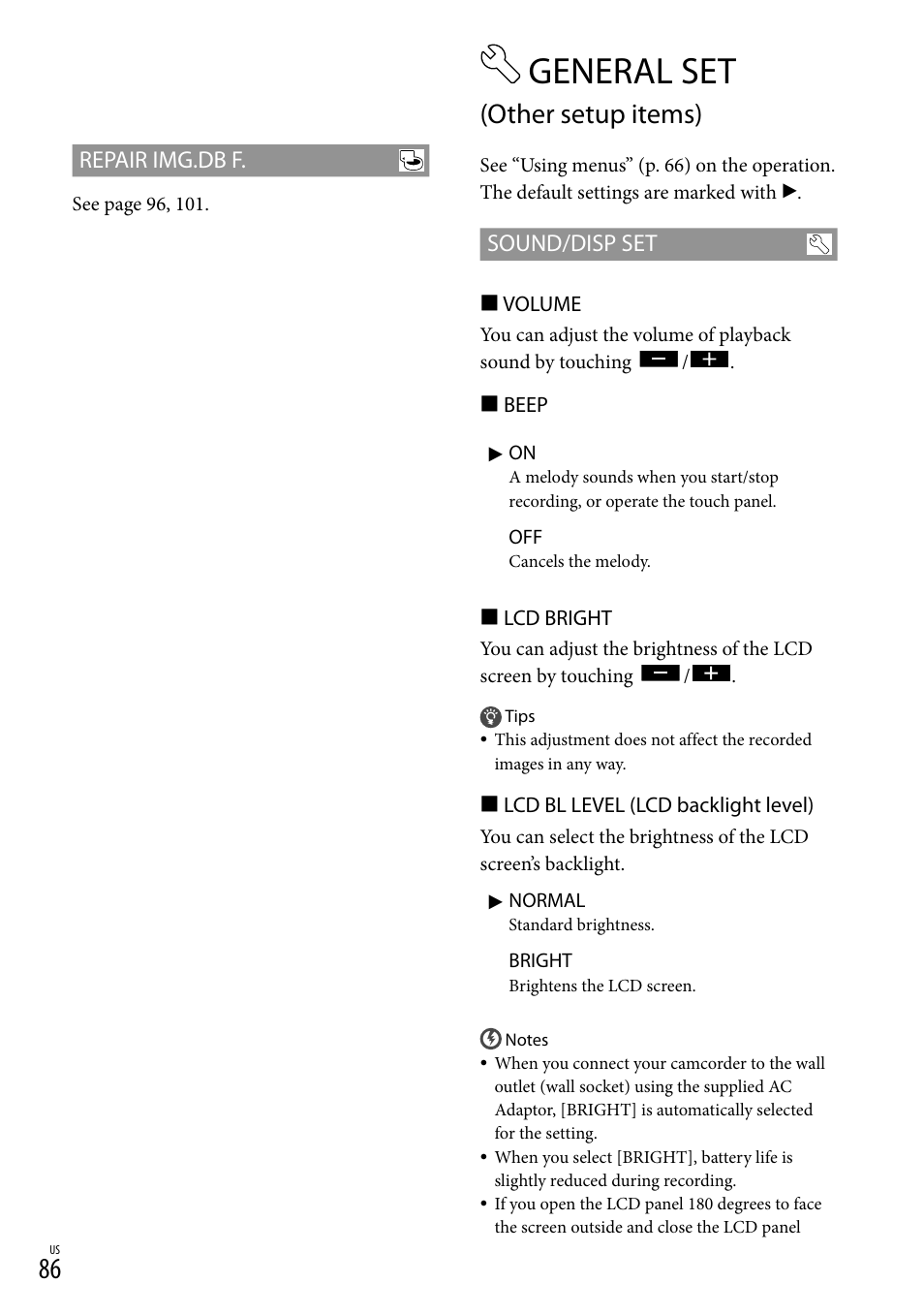 General set (other setup items), General set, Other setup items) | Repair img.db f, Sound/disp set | Sony HDR-XR550V User Manual | Page 86 / 127
