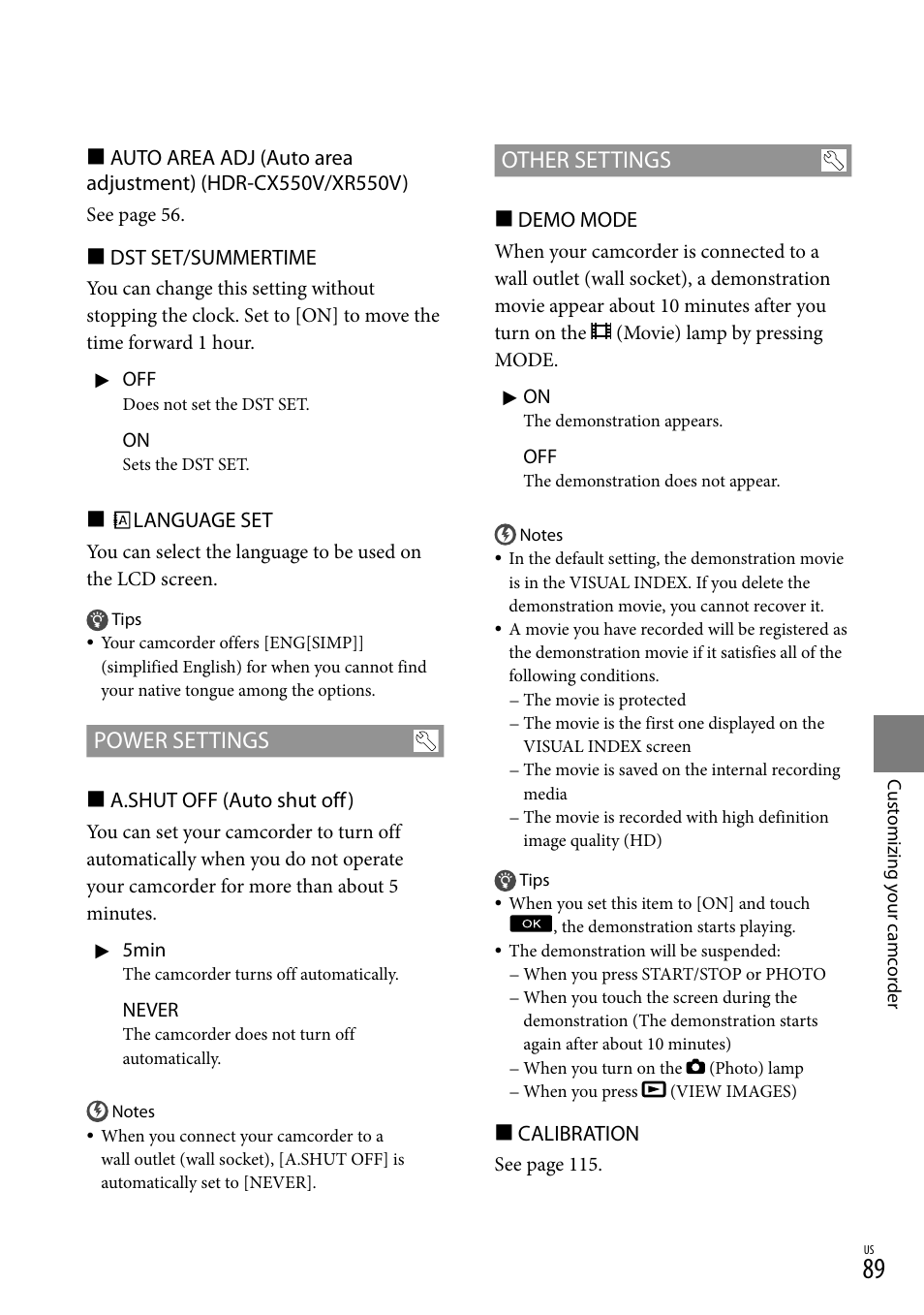 Power settings, Other settings | Sony HDR-XR550V User Manual | Page 89 / 127