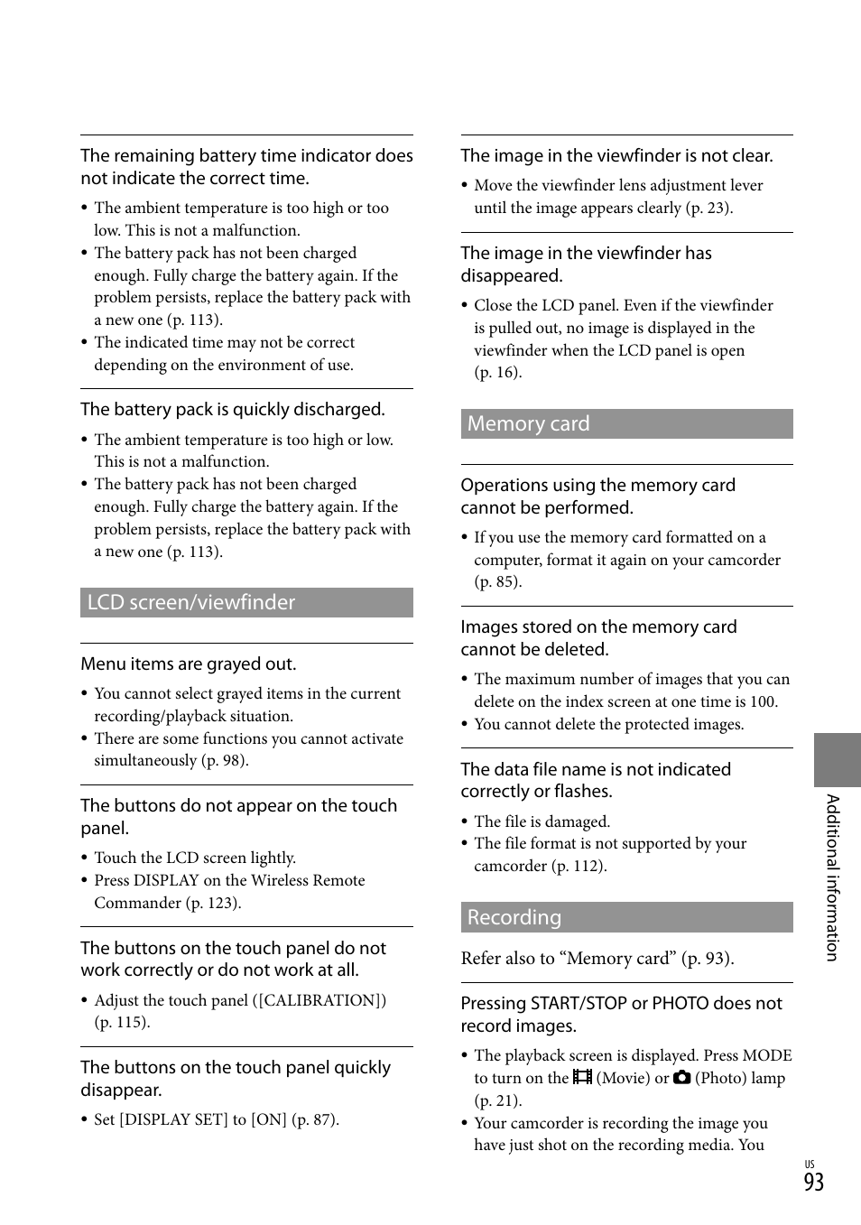 Lcd screen/viewfinder, Memory card, Recording | Sony HDR-XR550V User Manual | Page 93 / 127