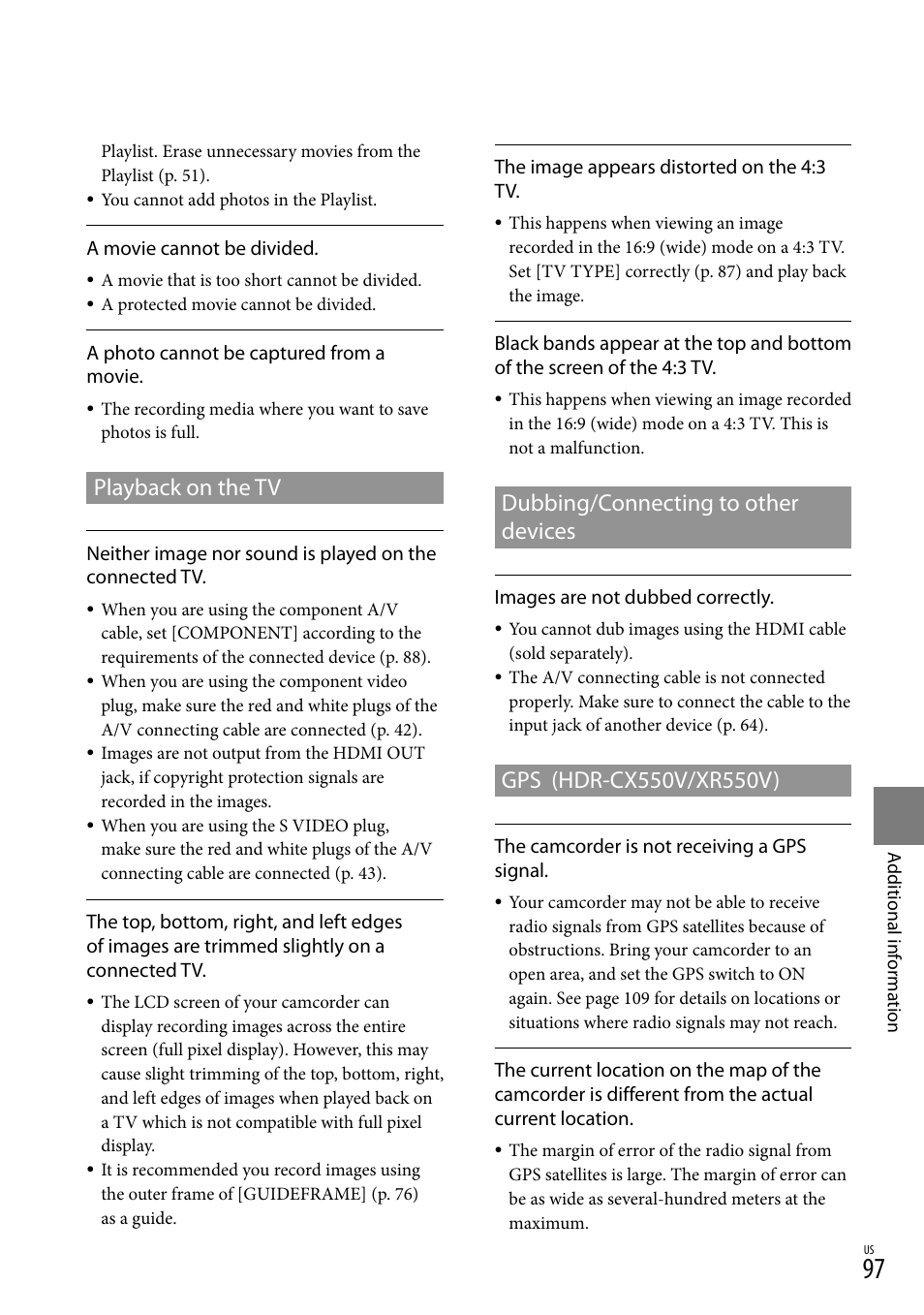 Playback on the tv, Dubbing/connecting to other devices, Gps (hdr-cx550v/xr550v) | Sony HDR-XR550V User Manual | Page 97 / 127
