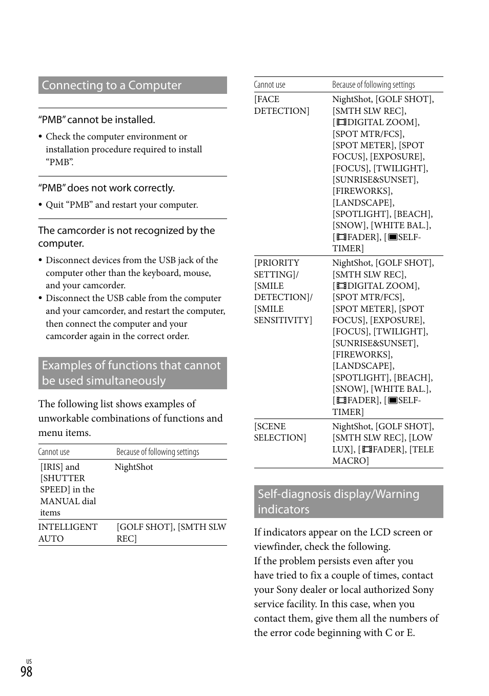 Self-diagnosis display/warning indicators, Connecting to a computer, Examples of functions that cannot be used | Simultaneously | Sony HDR-XR550V User Manual | Page 98 / 127