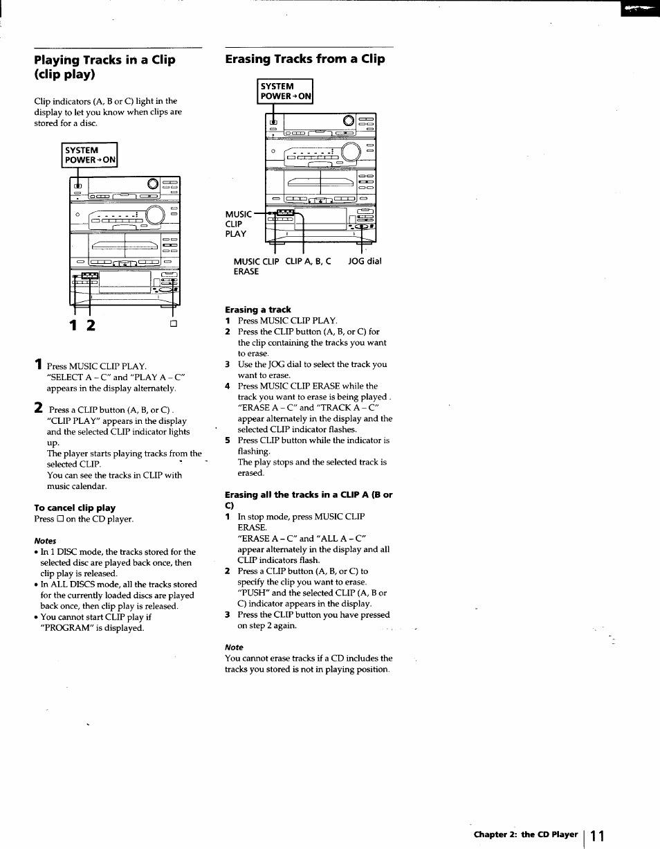 Playing tracks in a clip (clip play), Erasing tracks from a clip, To cancel clip play | Erasing a track, Erasing all the tracks in a clip a (b or | Sony LBT-D570 User Manual | Page 11 / 30