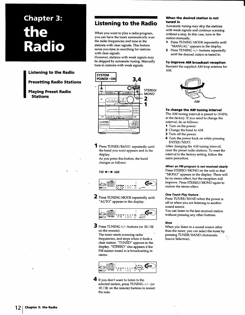 Listening to the radio, When the desired station is not tuned in, To improve am broadcast reception | To change the am tuning interval, The radio, Chapter 3 | Sony LBT-D570 User Manual | Page 12 / 30
